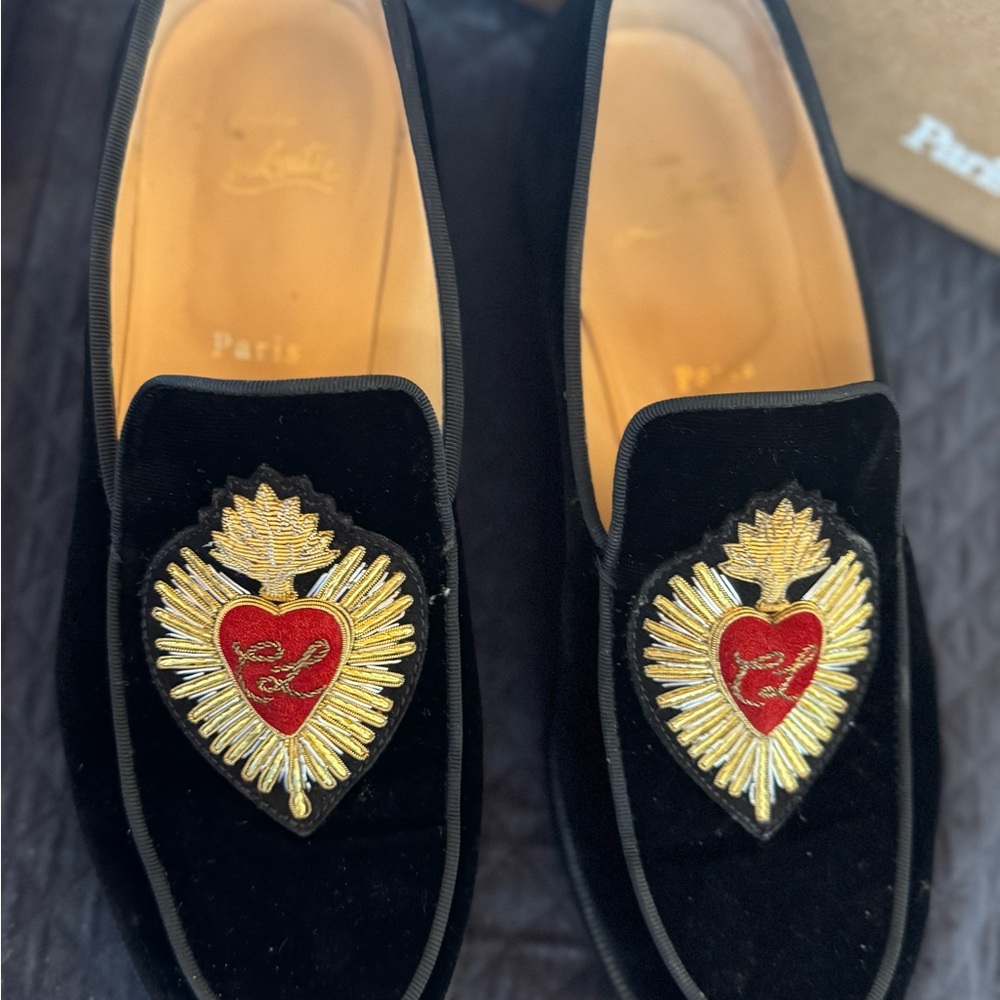 Christian Louboutin Black and Red Velvet Flats with Embroidered Heart